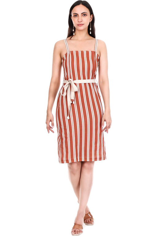 Rust & White Vertical Stripe Strappy Midi Dress with Belt