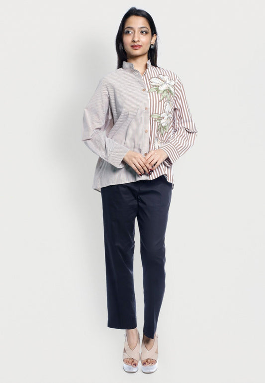 Striped Embroidered Floral Button‑Down Shirt