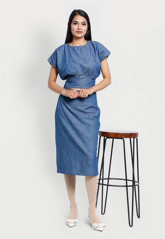 Blue Denim Effect Crop Top & Midi Skirt Co-ord Set