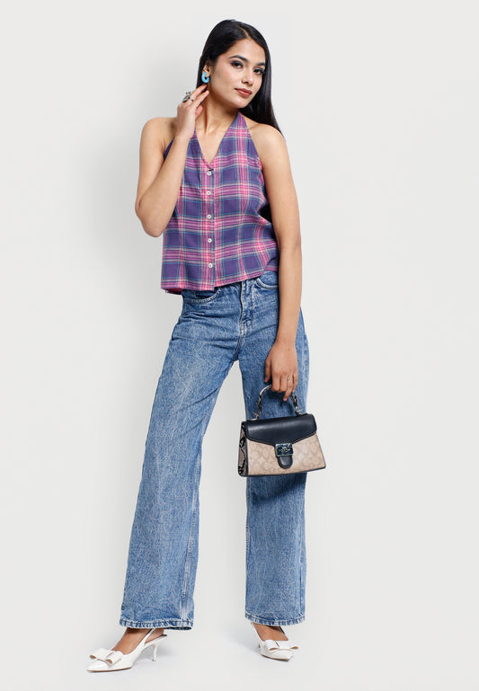 Pink & Blue Plaid Gauze Top