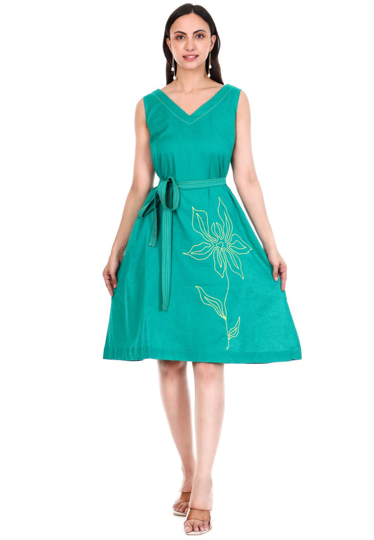 Embroidered V-Neck A-Line Midi