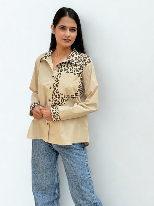 Beige Button-Down Shirt with Leopard Print Collar