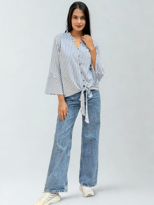 Striped Tie-Front Bell Sleeve Casual Shirt