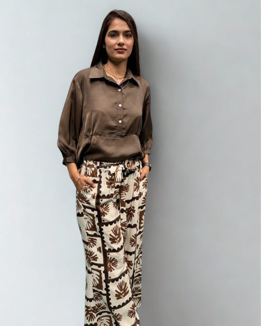 Silky Drawstring Top & Brocade Palazzo Set