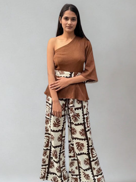 One-Shoulder Brown Peplum Top & Printed Wide-Leg Pants Set