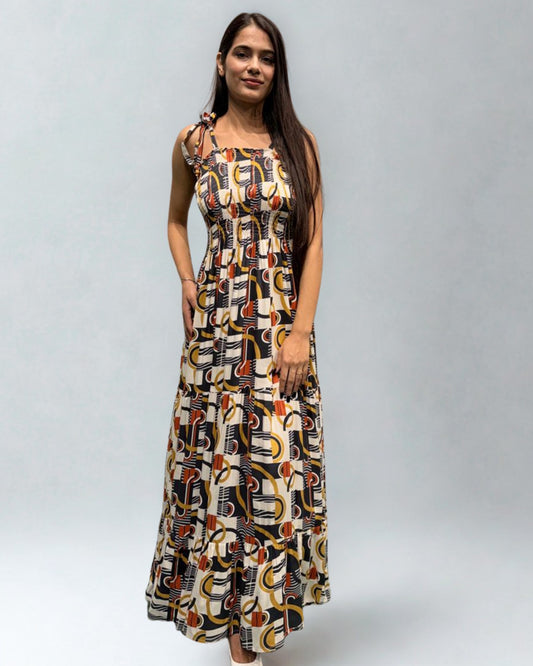 Shirred Bodice Tiered Maxi Dress