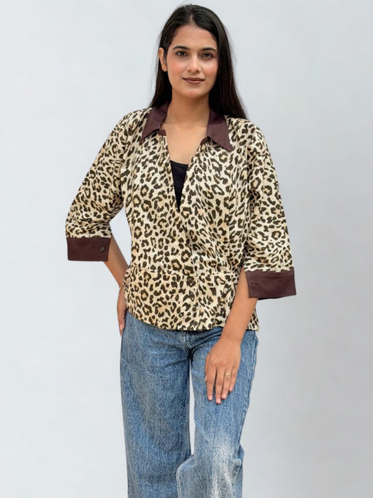 Leopard Print Wrap-Style Shirt with Contrast Collar