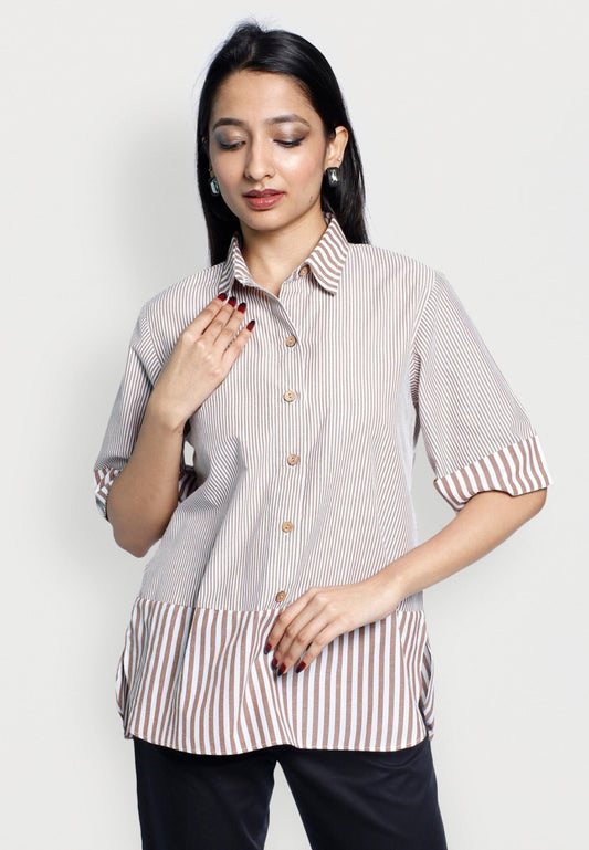 Beige & Brown Thick‑Thin Stripe Round‑Hem Wood‑Button Top