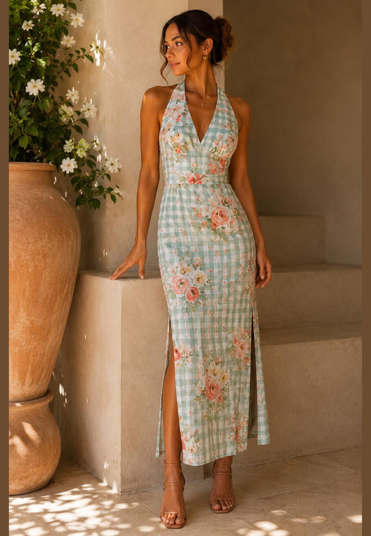 Mint Cottage Rose Halter Maxi Dress