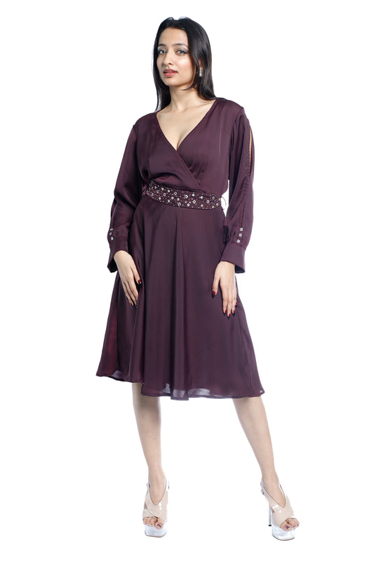Wine V‑neck Wrap Dress with Embellished Belt