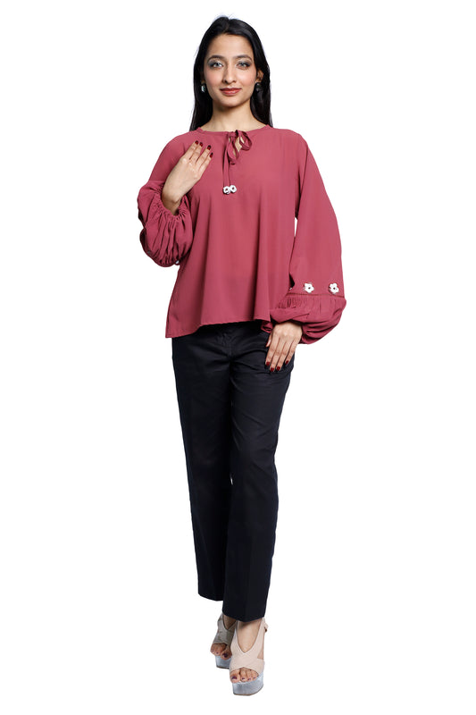 Rust‑Hued Balloon‑Sleeve Crochet‑Flower Chiffon Top