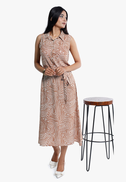 Maze‑Line Brown & White Rayon Midi Dress