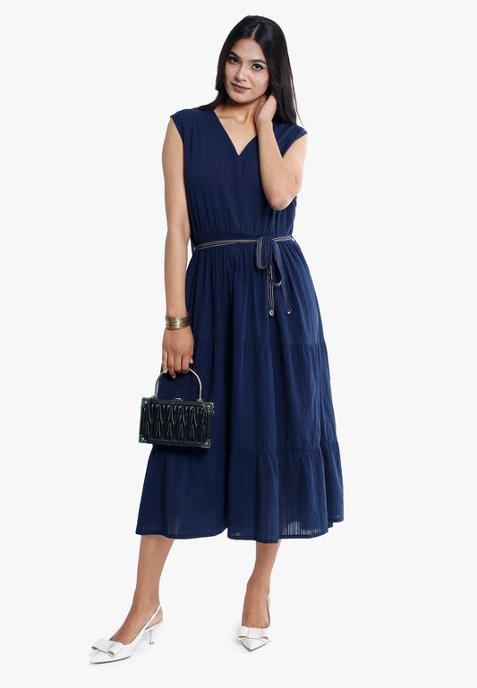 Navy Blue Seersucker Midi Dress with Stitch‑Detail Belt