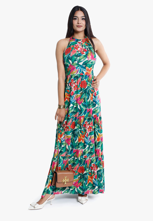 Tropical Blossom Rayon Maxi with Beaded Neckline