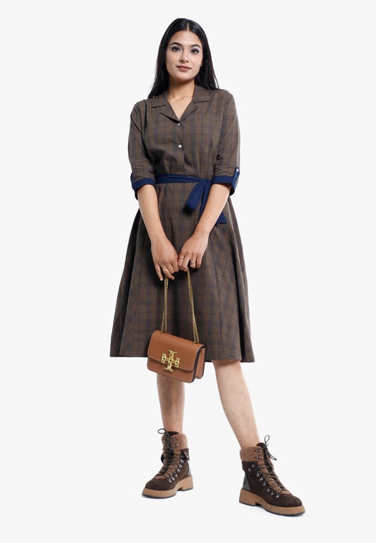 Olive‑Blue Check Cotton Shirtdress