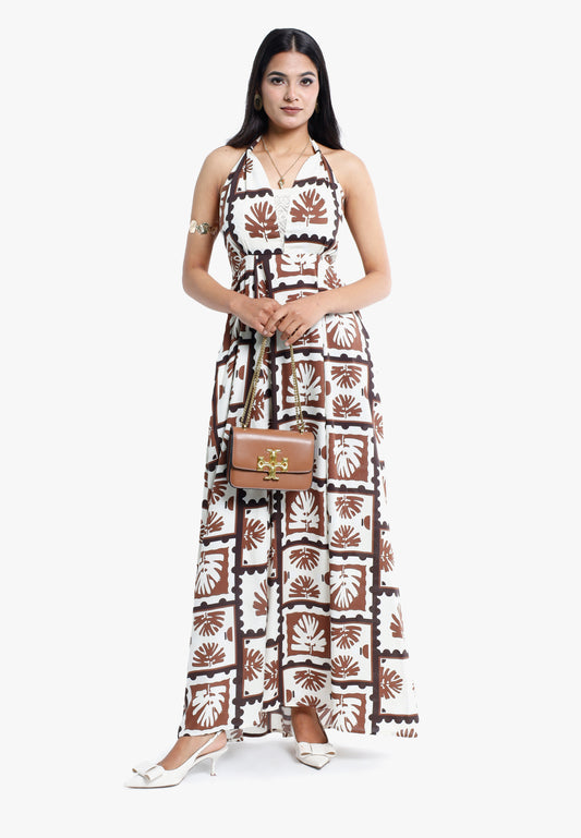Geometric Flower Pattern Halter Neck Maxi Dress