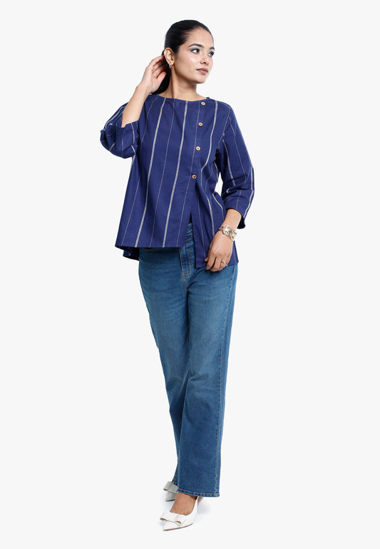 Navy Blue Striped Top with Wooden Buttons