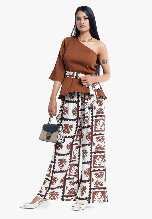Brown Crush One‑Shoulder Printed‑Belt Top