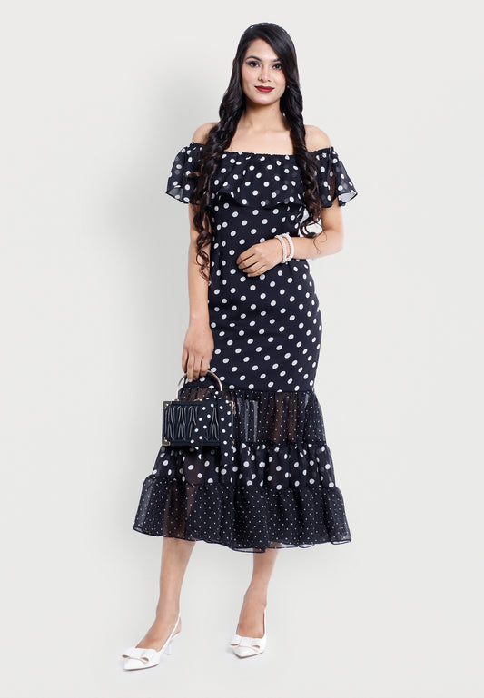 Black & White Polka Dot Ruffle Tiered Maxi
