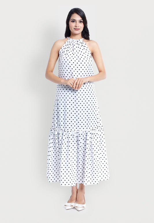 White & Black Polka Dot Halter Neck Maxi Dress