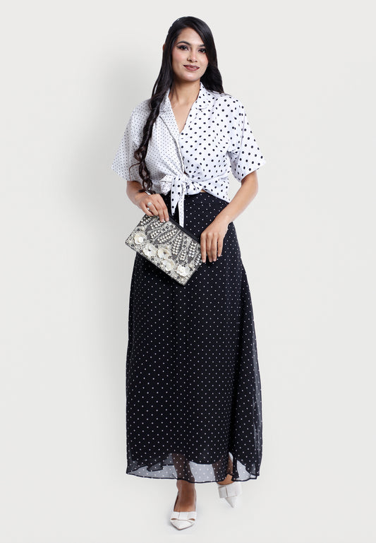 Women's Black & White Polka Dot Georgette Long Skirt