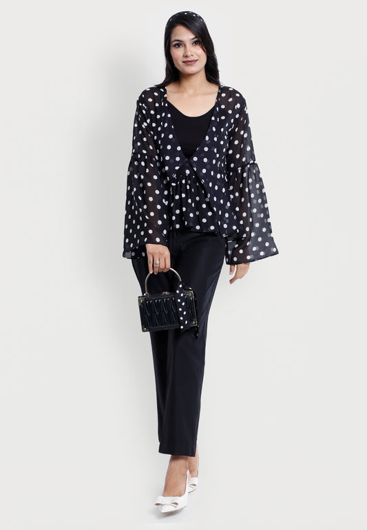 Women's Black Polka Dot Georgette Top Long Flare Sleeve V-Neck Tie-Front Blouse