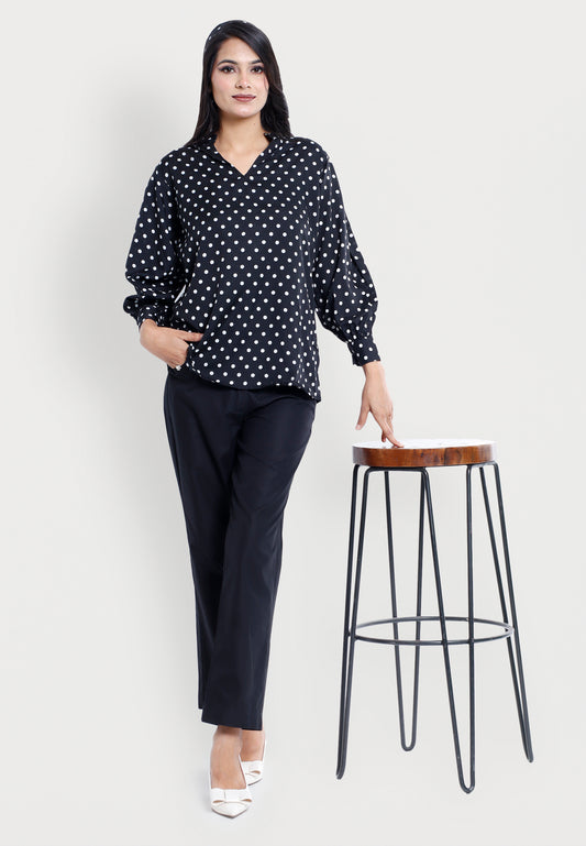 Polka Dot Long Sleeve Top - Ruffle Cuff V-Neck Blouse