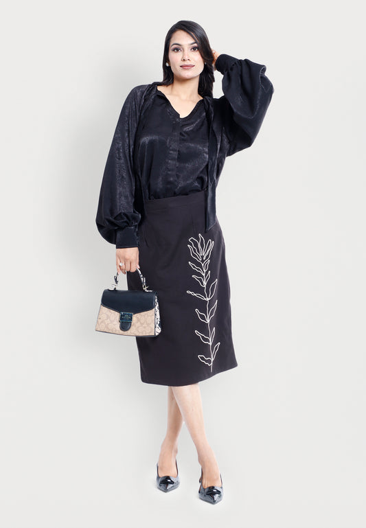 Embroidered Leaf Column Skirt in Black Linen