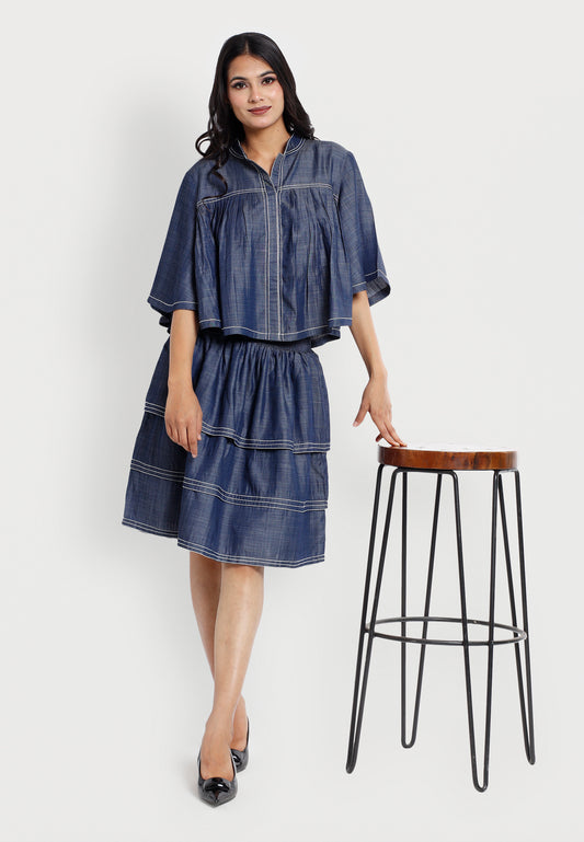 Denim-Look Flared Mini Skirt with Contrast Stitching