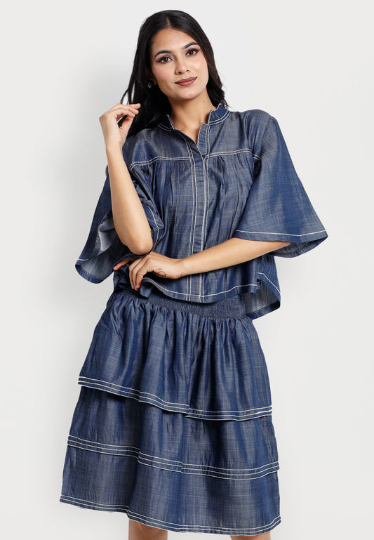 Boxy Denim Blouson with Contrast Topstitching